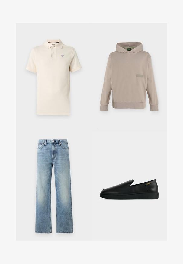 Sweat à capuche beige à manches longues avec une poche avant et un logo discret BOSS sur la poitrine, présenté sur un fond uni.; Polo crème à manches courtes avec deux boutons et logo Barbour brodé sur le côté gauche de la poitrine sur un fond uni.; Jean droit en denim bleu clair avec taille haute, cinq poches, fermeture à boutons et léger délavage sur les cuisses et les genoux.; Chaussure noire en cuir à enfiler avec semelle épaisse et marquage "HUGO" en or près du talon sur un fond uni gris clair.