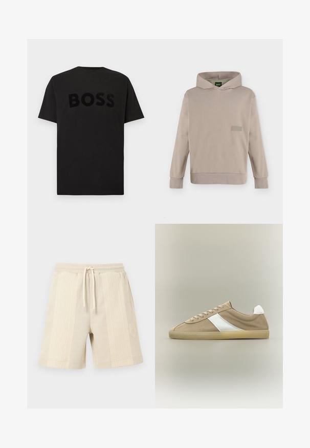 Sweat à capuche beige à manches longues avec une poche avant et un logo discret BOSS sur la poitrine, présenté sur un fond uni.; T-shirt en coton noir arborant le mot « BOSS » dans un design texturé et légèrement en relief. Col rond classique et manches courtes.; Shorts beige avec une texture côtelée, taille élastique avec cordon de serrage, et un patch logo sur le côté inférieur.; Baskets en daim marron clair avec semelle beige, languette de talon blanche, bande latérale blanche et fermeture à lacets sur fond neutre.