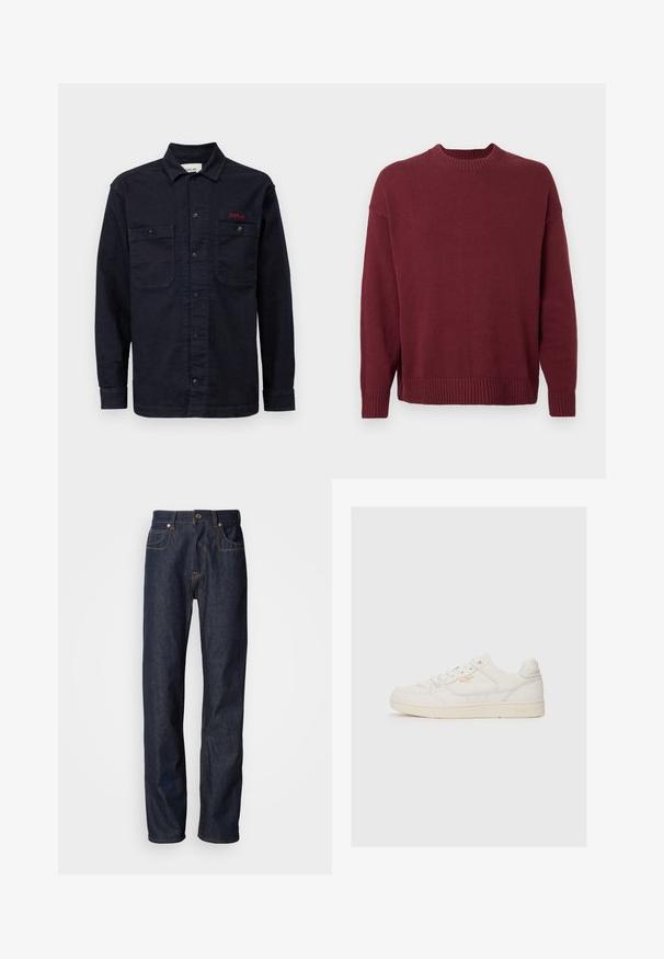 Bordeauxfarvet strikket sweater med ribbet rund hals, lange ærmer og ribbet kant.; Mørkeblå denimskjorte med lange ærmer, knaplukning foran, to brystlommer og et lille rødt "REPLAY" logo på den venstre lomme.; Mørkeblå denimjeans med lige pasform, udstyret med kobberbroderi, femlommesdesign og klassisk lynlås og knaplukning.; Hvide lædersneakers med en glat overflade, der har perforerede detaljer, snørebånd fortil og et diskret logo i guld nær siden.