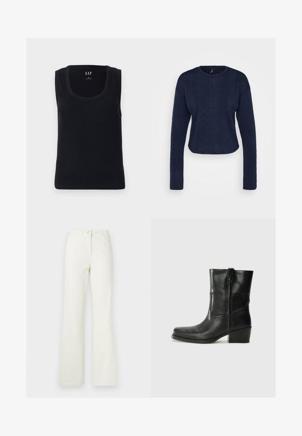 Marineblå cropped sweater i struktureret strik med lange ærmer, der har en rund halsudskæring og indviklede kabelmønstre overalt.; Sort ribbet tanktop med rund halsudskæring, ærmeløs design og tætsiddende silhuet. Mærket er vist i den øverste midte.; Hvide flare jeans med fem lommer, lukkes foran med knapper og har bæltestropper, lavet af et blødt bomuldsblandet stof.; Sort læder ankelstøvle med rundt tå, blokhæl, lynlås i siden og stikninger på vampsiden. Glat tekstur, klassisk design.