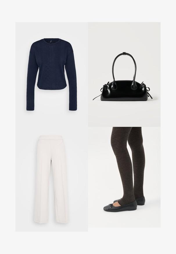 Marineblå cropped sweater i struktureret strik med lange ærmer, der har en rund halsudskæring og indviklede kabelmønstre overalt.; Lys beige brede bukser lavet af blødt stof, med en glat talje og synlige sømdetaljer langs forsiden.; Ben iført mørke ribbede leggings kombineret med sorte balletsko med små sløjfedetaljer på hvid baggrund.; Lille sort blank håndtaske med to lange håndtag og snøre-detaljer i siden på en ensfarvet lys baggrund.