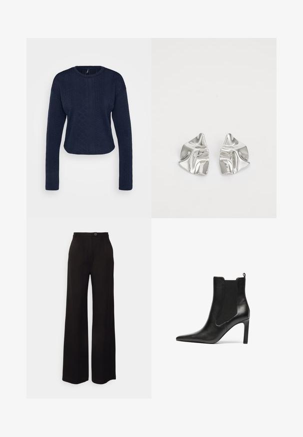 Marineblå cropped sweater i struktureret strik med lange ærmer, der har en rund halsudskæring og indviklede kabelmønstre overalt.; Sorte vide ben bukser lavet af et glat stof, med en frontknaplukning og to frontfolder for ekstra detaljer.; Sorte ankelstøvler i læder med spids tå, elastiske sider og stiletthæl. Glat tekstur og strømlinet design.; Sølvmetal øreringe med et bølgende, skulpturelt design, der har en poleret overflade og uregelmæssige former, hvilket fremhæver en moderne æstetik.