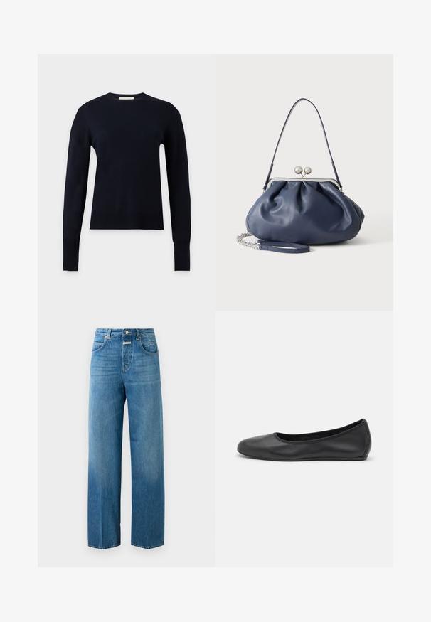 Sort langærmet crew neck sweater med ribbet manchetter og kant, vist på en ensartet lysegrå baggrund.; Højtaljede lige ben blå denim jeans med for- og baglommer, knaplukning og bæltestropper på en hvid baggrund.; Sort læderballetsko med rund tå, glat tekstur, minimal syning og et fleksibelt såldesign.; Blød navyblå læderhåndtaske med sølv lukning, enkelt skulderrem og aftagelig kæde til håndleddet på hvid baggrund.