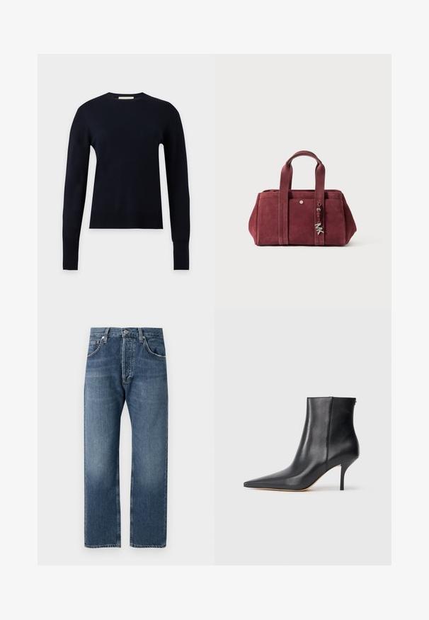 Sort langærmet crew neck sweater med ribbet manchetter og kant, vist på en ensartet lysegrå baggrund.; Blå lige ben denimjeans med klassisk fem-lomme design og knaplukning, vist mod en hvid baggrund.; Sorte læder ankelstøvler med spids tå, slank stiletto hæl og en glat, elegant finish. Lynlåsdetalje bagpå.; Bordeaux ruskindshåndtaske med to top-håndtag, lynlåslukning, forlommesektion og metalcharmeraccent. Rektangulær form med blød tekstur.