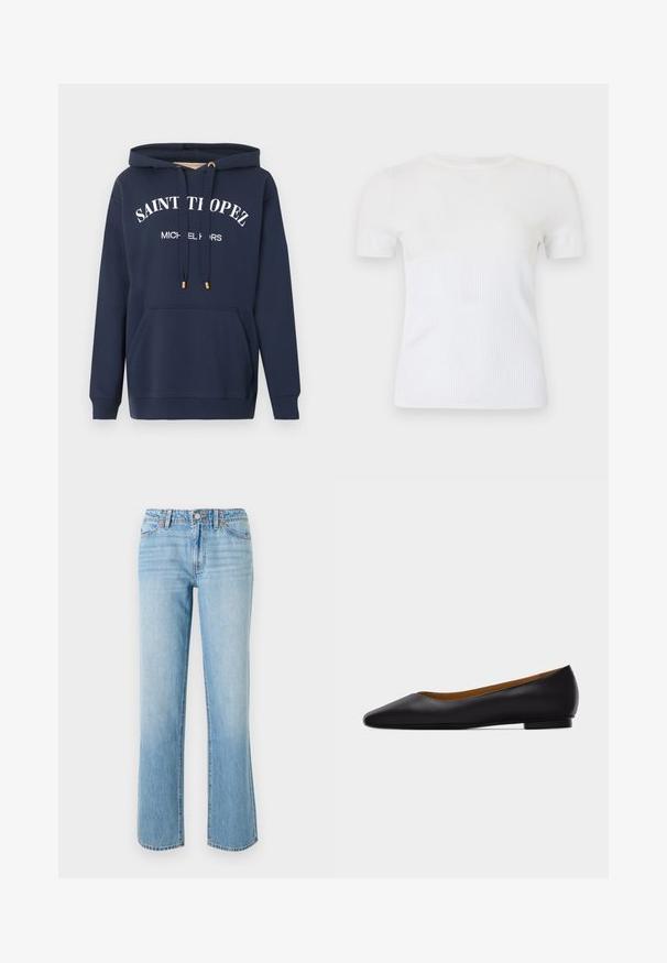 Marineblauwe capuchontrui met voorzak en witte tekst "SAINT TROPEZ MICHAEL KORS" op de borst, voorzien van trekkoorden met gouden uiteinden.; Wit t-shirt met korte mouwen gemaakt van geribbelde gebreide stof. Voorzien van een ronde halslijn en een aansluitend silhouet. Overal een gladde textuur.; RE/DONE THE SANASA - Relaxed fit jeans - media noche; Zwarte leren puntschoen met lage hak en gladde afwerking, zijaanzicht op een lichtgrijze achtergrond.