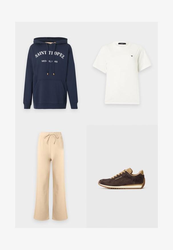 Sweat à capuche bleu marine avec poche kangourou à l'avant et texte blanc "SAINT TROPEZ MICHAEL KORS" sur la poitrine, avec cordons de serrage aux extrémités dorées.; T-shirt blanc à manches courtes avec col rond, petit logo papillon noir sur le côté gauche de la poitrine et étiquette noire à l'intérieur du col.; Pantalon de survêtement beige à jambes larges avec taille élastique et cordon de serrage, coutures latérales discrètes et logo de la marque légèrement visible près de la taille.; Baskets en daim marron avec des accents en cuir beige, dotées de lacets ronds, d'une semelle en caoutchouc beige et du logo "Michael Kors" sur le côté extérieur.