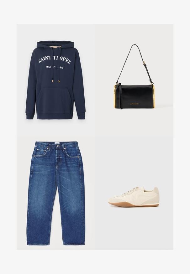 Marineblå hættetrøje med frontlomme og hvid tekst "SAINT TROPEZ MICHAEL KORS" på brystet, med snoretræk med guldspidser.; Citizens of Humanity DAHLIA IN CLAREMONT - Jeans Relaxed Fit - dark-blue denim; Lyse beige sneakers med en tekstureret læderoverdel, teksturerede sider og en gummisål. Har et slankt, strømlinet design og flade snørebånd.; Sort læder Marc Jacobs skuldertaske med gyldne metalrammesider og en justerbar rem mod en ensfarvet baggrund.