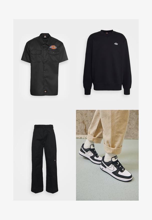 Sweatshirt noir en mélange de coton, avec un col rond, des manches longues et un petit logo blanc sur la poitrine. Design simple et dépouillé.; Chemise noire à manches courtes, en tissu résistant, dotée de deux poches poitrine, d'une fermeture à boutons sur le devant et d'un logo coloré sur le côté gauche de la poitrine.; Pantalon noir en tissu robuste, présentant une coupe droite, des passants pour ceinture et un petit logo sur le côté inférieur.; Baskets Nike Air Force 1 en noir et blanc avec un dessus en cuir, orteil perforé et détail de semelle texturée, portées avec un pantalon beige retroussé et des chaussettes blanches.