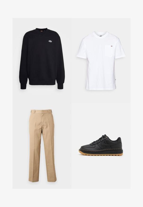 Sort sweatshirt lavet af bomuldsblanding, med rund hals, lange ærmer og et lille hvidt logo på brystet. Simpelt, udekoreret design.; Hvid bomulds t-shirt med rund halsudskæring, korte ærmer og en brystlomme med et lille mærke-logo på venstre side.; Beige bukser med lige ben, bæltestropper, foran lynlås og pressede slidser, vist mod en hvid baggrund.; Sort lædersneaker med tekstureret overflade, rund tå, perforerede detaljer og gummigummisål. Har kontrastfarvet gul syning og logo.