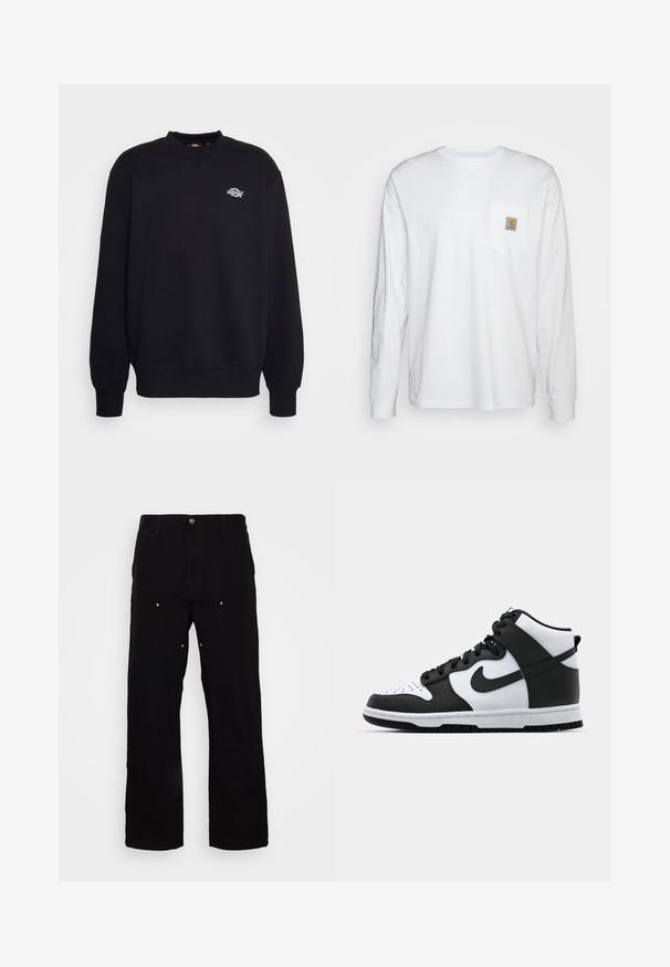 Black sweatshirt made of cotton blend, featuring a crew neck, long sleeves, and a small white logo on the chest. Simple, unadorned design.; Long-sleeve white shirt made of cotton, featuring a chest pocket with a square logo patch. Simple design with rounded neckline and cuffed sleeves.; Black denim pants with a straight leg design, featuring gold hardware accents and visible stitching on the front and back pockets.; Black and white high-top sneaker with leather upper, perforated toe box, prominent swoosh logo, and textured rubber sole.