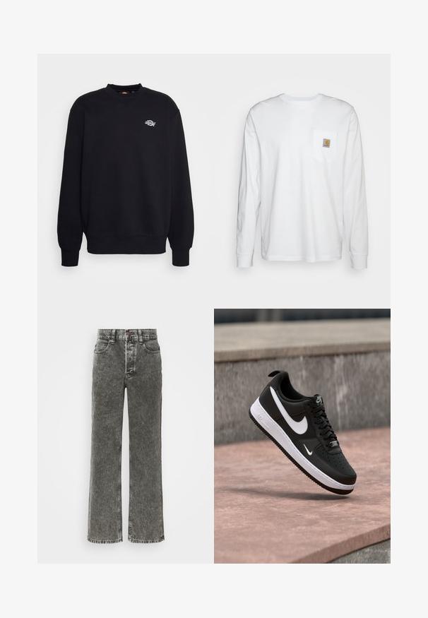Sudadera negra de mezcla de algodón, con cuello redondo, mangas largas y un pequeño logo blanco en el pecho. Diseño simple y sin adornos.; Camisa blanca de manga larga hecha de algodón, con un bolsillo en el pecho que lleva un parche de logo cuadrado. Diseño sencillo con escote redondeado y mangas con puños.; Jeans de pierna ancha en denim negro deslavado, con cierre de botón, diseño de cinco bolsillos y costuras de contraste a lo largo de las costuras.; Zapatilla Nike Air Force 1 en blanco y negro suspendida sobre una superficie de concreto rosa con un fondo de piedra gris.