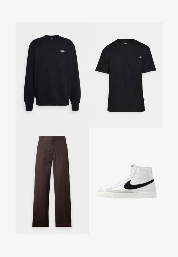 Sweatshirt noir en mélange de coton, avec un col rond, des manches longues et un petit logo blanc sur la poitrine. Design simple et dépouillé.; T-shirt en coton noir avec un col rond classique, des manches courtes, une poche sur la poitrine et un écusson logo près de la couture de la poche. Texture douce.; Pantalon marron droit avec passants de ceinture et fermeture éclair à l'avant, présenté sur un fond clair uni.; Baskets montantes blanches avec un swoosh noir, un capuchon de pied texturé gris et une semelle plate blanche. Elles possèdent six œillets et des accents cousus.