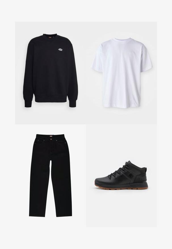 Schwarzer Sweatshirt aus Baumwollmischung, mit Rundhalsausschnitt, langen Ärmeln und einem kleinen weißen Logo auf der Brust. Einfaches, schmuckloses Design.; Weißes Baumwoll-T-Shirt mit Rundhalsausschnitt und kurzen Ärmeln. Verfügt über ein dezentes Logo, das in passender Farbe auf der linken Brust gestickt ist.; Schwarze Jeans aus Denim im geraden Schnitt, mit fünf Taschen, braunen Nähten und einem Reißverschluss. Glatte Textur und hochwertiges Material.; Schwarze Wanderschuhe aus synthetischem Material mit einer strukturierten Oberseite, Gummisohle und reflektierenden Akzenten. Verstärkte Ferse und Logodetail.