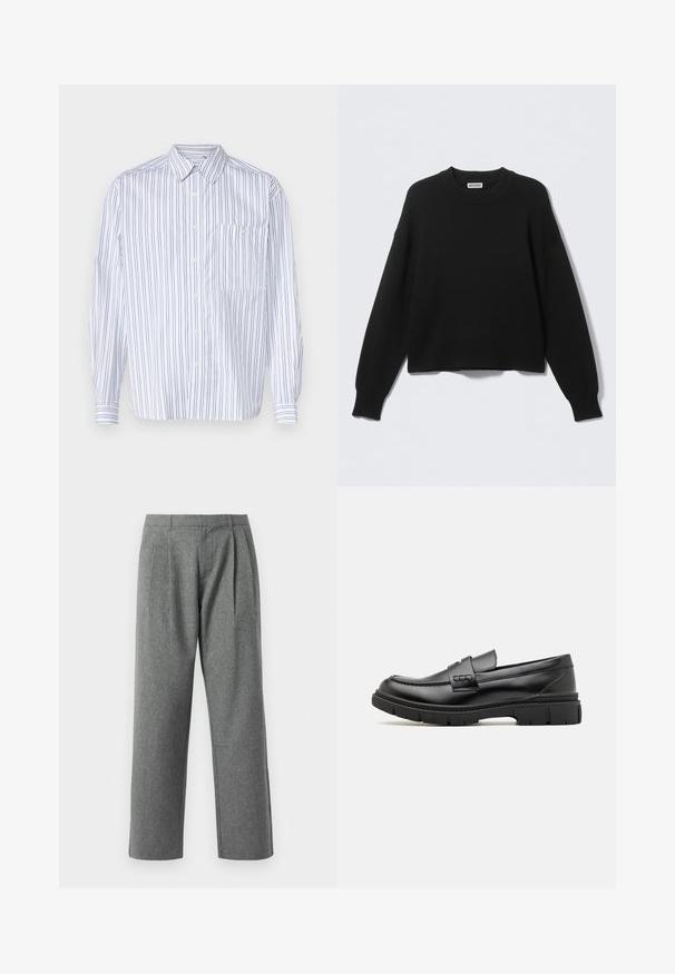 Sort strikket sweater med rund halsudskæring, sænkede skuldersømme samt ribbede manchetter og kant. Enkel og ensfarvet design uden mønstre.; Hvid skjorte med knapper og lodrette marineblå striber, lange ærmer, en brystlomme og en klassisk krave. Glat stof med en afslappet pasform.; Grå, lige ben bukser lavet af tekstureret stof, med plisseringer foran og et almindeligt taljebånd, uden synlige lommer.; Sort læder loafersko med en bred rem over forfoden, gummisål med tykke mønstre og glat overflade. Klassisk, slankt design.