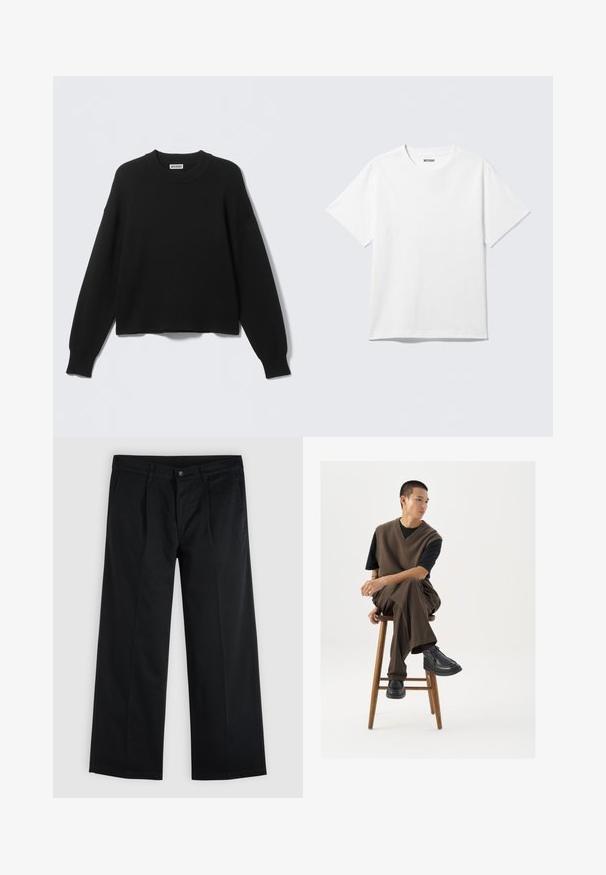 Sort strikket sweater med rund halsudskæring, sænkede skuldersømme samt ribbede manchetter og kant. Enkel og ensfarvet design uden mønstre.; Hvid kortærmet crewneck T-shirt lagt fladt ud, ensfarvet design, med "WEEKDAY" mærkat inde i kraven på en lys baggrund.; Sorte bukser med lige ben, foran med knap og lynlås, sidelommer og bæltestropper på en ensfarvet lys baggrund.; Brun strikket vest over en sort t-shirt, parret med brune vidde bukser og sorte chunky sko, siddende på en træstub.