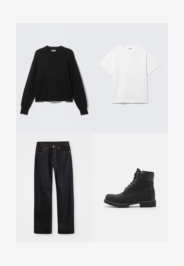 Sort strikket sweater med rund halsudskæring, sænkede skuldersømme samt ribbede manchetter og kant. Enkel og ensfarvet design uden mønstre.; Hvid kortærmet crewneck T-shirt lagt fladt ud, ensfarvet design, med "WEEKDAY" mærkat inde i kraven på en lys baggrund.; Mænds lige ben sorte denim jeans med fem lommer og orange syninger, knap- og lynlåslukning foran på taljen.; Sort ankelstøvle lavet af suede med en gummisål, der har metaløjer, snørebånd og en blød faux fur-krave rundt om toppen.