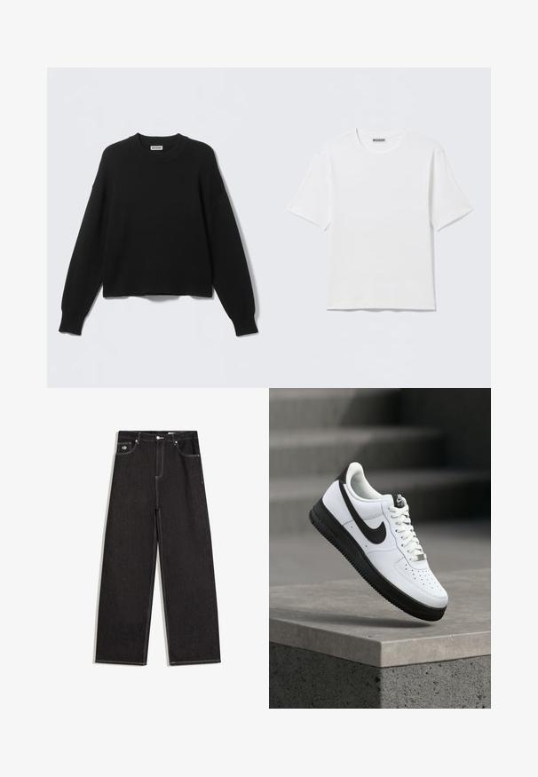 Sort strikket sweater med rund halsudskæring, sænkede skuldersømme samt ribbede manchetter og kant. Enkel og ensfarvet design uden mønstre.; Hvid, kortærmet t-shirt med rund hals og et lille "WEEKDAY"-mærke på indersiden af bagkraven, vist på en flad overflade.; Sorte viddebukser i jeansstof med kontrastfuld hvid syning, knaplukning, bæltestropper og design med fem lommer inklusive en lille logopatch på forlommen.; Hvid lædersneaker med sorte detaljer, rundet tå og perforerede detaljer. Sort gummisål med tekstureret mønster og snørelukning.