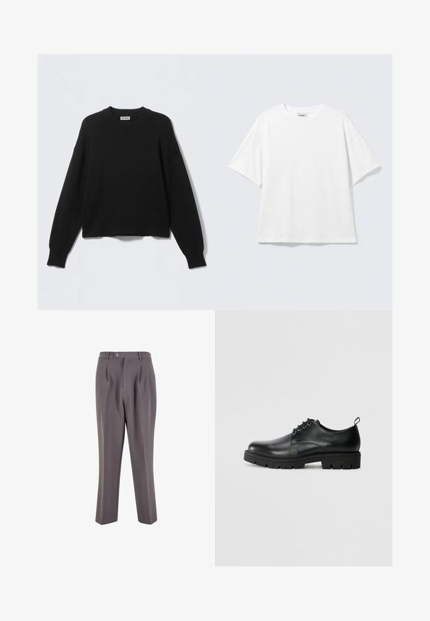 Jersey negro de punto con cuello redondo, costuras de hombros caídos y puños y dobladillo acanalados. Diseño sencillo y sólido, sin estampados.; Camiseta blanca de gran tamaño con mangas cortas, cuello redondo y hombros caídos, plana sobre fondo gris claro.; Pantalones grises con plisados, fabricados en un tejido suave, que presentan un diseño de pierna recta, un cierre de un solo botón y bolsillos laterales inclinados.; Zapato de cuero negro con punta redonda, que presenta un diseño de cordones, suela negra de goma resistente y una pequeña lengüeta en el talón.