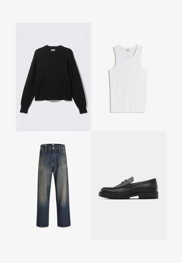 Sort strikket sweater med rund halsudskæring, sænkede skuldersømme samt ribbede manchetter og kant. Enkel og ensfarvet design uden mønstre.; Hvid bomulds tanktop med rund halsudskæring og brede skulderstropper. Glat tekstur, uden mønstre eller detaljer, enkelt design.; Bredde ben jeans i mørkeblå denim med en gradient finish, der har en knaplukning, fem lomme-design og strukturerede syninger.; Sorte læder loafers med rund tå, der har et syet design, lav platformssål og en struktureret, skridsikker gummisål.