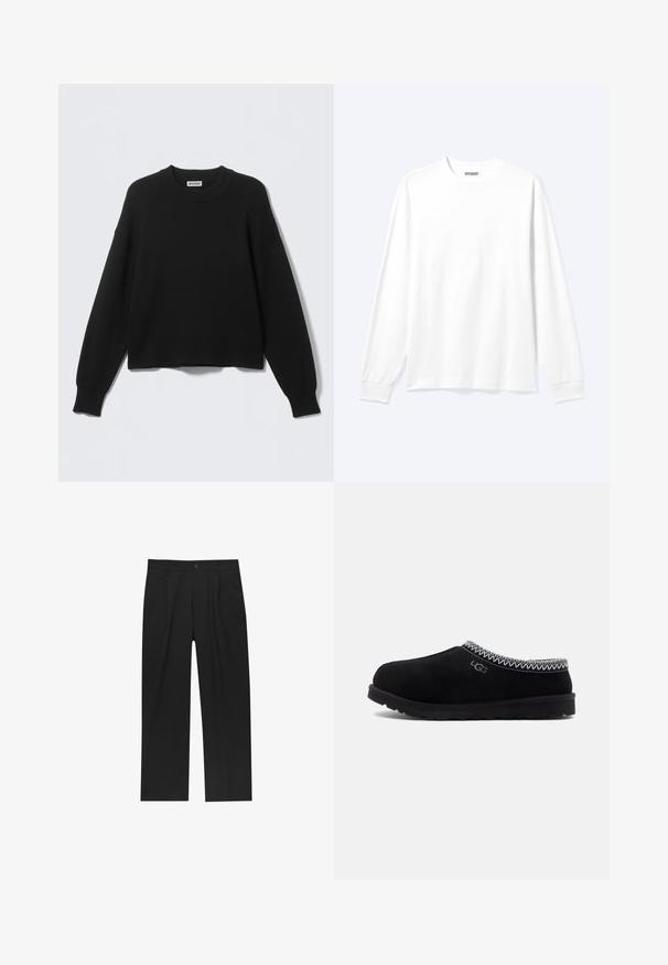 Pull noir tricoté avec un col rond, des coutures tombantes aux épaules, et des poignets et ourlet côtelés. Design simple et uni, sans motifs.; Chemise blanche unie à manches longues avec col rond et poignets côtelés, présentée sur un fond clair neutre.; Pantalons noirs au design droit, fabriqués à partir d'un tissu lisse. Dotés de plis sur le devant et d'une fermeture à un bouton à la taille.; Sabots en suède noir avec un bout arrondi, dotés d'un col en maille et d'une semelle en caoutchouc texturée. Affiche le logo UGG sur le côté.