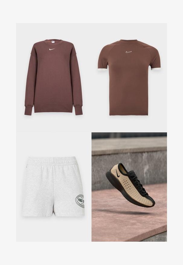 Καφέ φούτερ Nike από μαλακό ύφασμα, με στρογγυλή λαιμόκοψη και μακριά μανίκια. Περιλαμβάνει μικρό λευκό λογότυπο στο στήθος.; Καφέ κοντομάνικο πουκάμισο από απαλό ύφασμα με ψηλό λαιμό και λευκές λεπτομέρειες στις μανσέτες, με μικρό λογότυπο στο στήθος.; Ανοιχτό γκρι αθλητικό σορτς με ελαστική μέση και μικρό στρογγυλό λογότυπο Nike στο κάτω δεξί πόδι.; Μαύρο και μπεζ αθλητικό παπούτσι Nike με διάτρητες πλευρές και μαύρη σόλα, εμφανιζόμενο στον αέρα πάνω από μια ρόζ τσιμεντένια επιφάνεια.