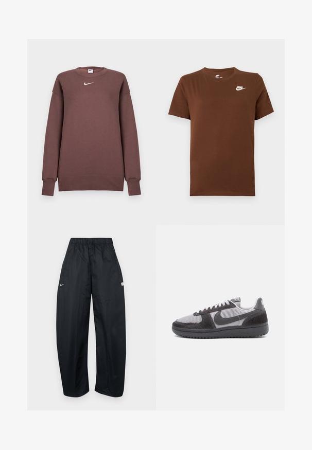 Brun Nike sweatshirt lavet af blødt stof med rund halsudskæring og lange ærmer. Indeholder et lille hvidt logo på brystet.; Brun kortærmet Nike T-shirt med hvidt Nike-logo på venstre bryst og rund hals, vist på ensfarvet baggrund.; Sorte, løstsiddende træningsbukser lavet af let materiale. Har elastisk talje, justerbar snor og logo-accenter.; Lave sneakers med gråt mesh-stof, sorte teksturerede overlays, sort sål, hvide snørebånd og en sort Nike swoosh på siden.