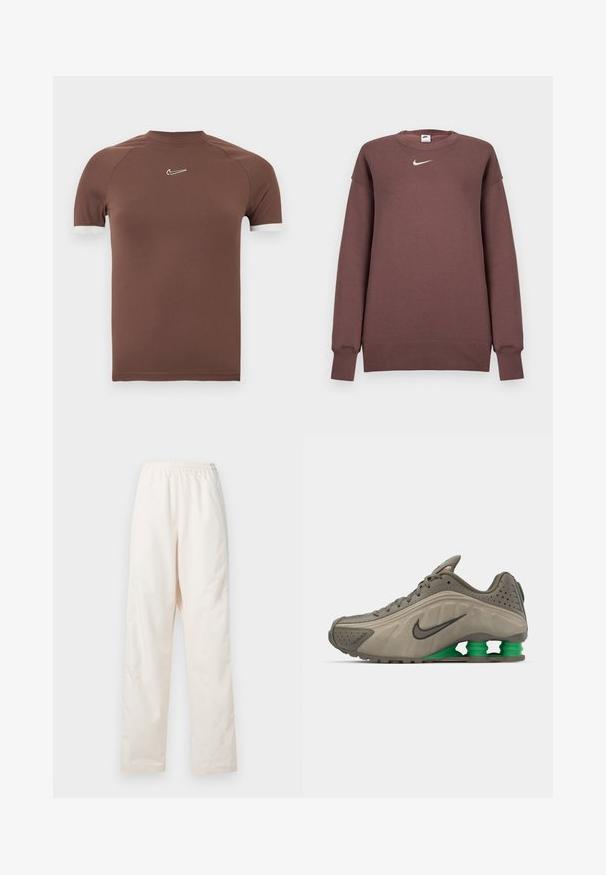 Καφέ φούτερ Nike από μαλακό ύφασμα, με στρογγυλή λαιμόκοψη και μακριά μανίκια. Περιλαμβάνει μικρό λευκό λογότυπο στο στήθος.; Καφέ κοντομάνικο πουκάμισο από απαλό ύφασμα με ψηλό λαιμό και λευκές λεπτομέρειες στις μανσέτες, με μικρό λογότυπο στο στήθος.; Φαρδιά κρεμ παντελόνια με ελαστική μέση και ίσια γραμμή, παρουσιάζονται σε απλό λευκό φόντο.; Ναϊκ sneakers σε ελαιόλαδο πράσινο με λείο επάνω μέρος, περφορέ λεπτομέρειες, μαύρες λεπτομέρειες και πράσινη αμ cushioning. Ελαφρύ, κομψό σχέδιο.