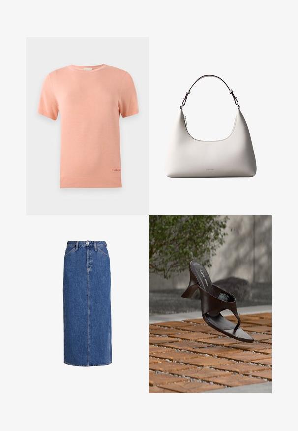 Lyserød strikket T-shirt med korte ærmer, rund halsudskæring og ribkant. Har et lille Calvin Klein-logo på den nederste kant.; Denim midi nederdel i mellemblå med lige snit, forkant knaplukning, to sidelommer og synlige sømme for struktur.; Brun Calvin Klein hælet thong sandal svævende over træflise og grus udendørs med sløret grønt og stenmur i baggrunden.; Cremefarvet skuldertaske i læder fra Calvin Klein med buet topkant, sølvfarvet lynlås og mørkebrun justerbar rem.