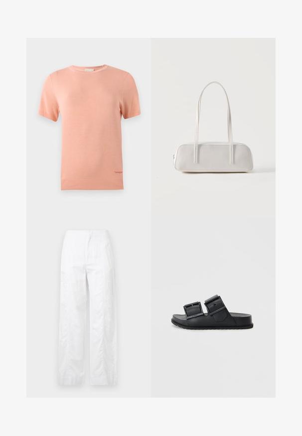 Camiseta de manga corta de punto en rosa claro con cuello redondo y dobladillo acanalado. Presenta un pequeño logo de Calvin Klein en el borde inferior.; Pantalones de pierna ancha blancos, confeccionados en tejido ligero, con una textura suave, líneas limpias y un diseño de cintura alta.; Sandalias de slide negras hechas de un material texturizado con dos correas ajustables que cuentan con hebillas. Suela plana con un diseño de dibujo para mayor agarre.; Bolso de hombro rectangular blanco con correas largas y delgadas, costuras mínimas y cierre de cremallera sobre un fondo liso.
