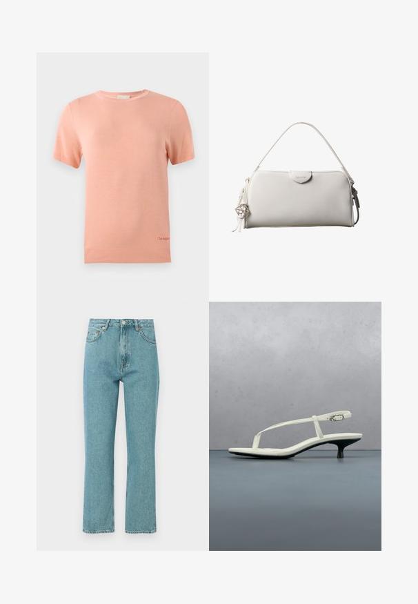 Svetloružový pletený tričko s krátkym rukávom, okrúhlym výstrihom a rebrovaným lemom. Obsahuje malé logo Calvin Klein na dolnom okraji.; Svetlo modré džínsy s vysokým pásom a rovnými nohavicami. Vyrobené z denimu, s prednými vreckami a zapínaním na gombík.; Biela sandála na podpätku kitten s remienkami a zašpicatenou špičkou, lietajúca nad drevenou dlažbou vonku s rozmazaným pozadím rastlín a steny.; Biela obdĺžniková kabelka Calvin Klein s jedným rúčikom, minimalistickým dizajnom a dekoratívnymi strapcami s geometrickým kovovým príveskom na boku.