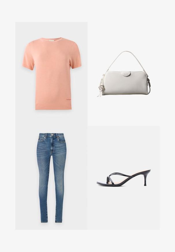 Helles, rosa, gestricktes T-Shirt mit kurzen Ärmeln, rundem Ausschnitt und geripptem Saum. Verfügt über ein kleines Calvin Klein-Logo am unteren Rand.; Hochgeschnittene Skinny Jeans aus hellblauem Denim, mit Fünf-Taschen-Stil, Gürtelschlaufen und einem Reißverschluss mit Knopfverschluss.; Schwarze Peeptoe-Sandale aus Lackleder mit dünnen, gekreuzten Riemen und einem schlanken, mittelhohen Stilettoabsatz vor weißem Hintergrund.; Weiße rechteckige Calvin Klein Handtasche mit einem einzelnen Henkel, minimalistischem Design und dekorativen Quasten mit geometrischem Metallanhänger an der Seite.