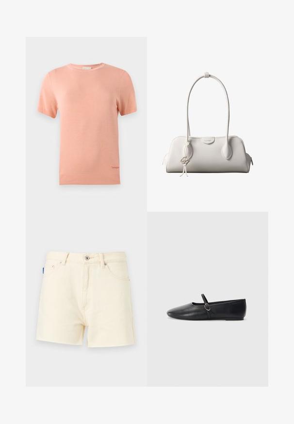 Lichtroze gebreide T-shirt met korte mouwen, een ronde halslijn en ribgebreide zoom. Kenmerkt zich door een klein Calvin Klein-logo aan de onderrand.; Crème denim shorts met een rechte snit, voorzien van een sluiting met een knoop aan de voorzijde en een vijf-pocket ontwerp. Gestructureerde stof met stikdetails.; Zwarte leren balletschoenen met een spitse neus, platte zool en een kleine strap met een zilveren gespsluiting.; Witte Calvin Klein schoudertas met lange hengsels, rechthoekige vorm, ritssluiting en decoratieve logohanger bij het hengsel.