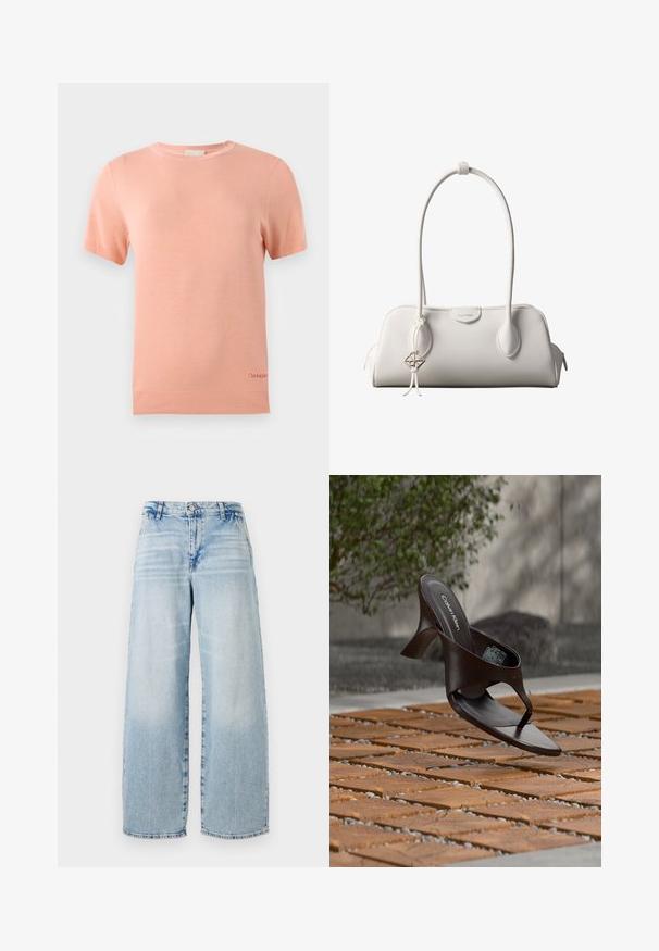 Camiseta de manga corta de punto en rosa claro con cuello redondo y dobladillo acanalado. Presenta un pequeño logo de Calvin Klein en el borde inferior.; Jeans de mezclilla azul claro de pierna ancha con una cintura alta, efecto de desgaste sutil, dobladillo sin terminar y diseño clásico de cinco bolsillos.; Sandalia de tiras con tacón marrón de Calvin Klein suspendida sobre suelo exterior de loseta de madera y grava, con fondo desenfocado de vegetación y piedras.; Bolso de hombro blanco de Calvin Klein con asas largas, forma rectangular, cierre de cremallera y charm decorativo con el logo colgando cerca del asa.