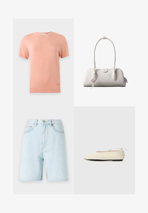 Lyserød strikket T-shirt med korte ærmer, rund halsudskæring og ribkant. Har et lille Calvin Klein-logo på den nederste kant.; Lyseblå denimshorts med høj talje, fem-lomme design og messingknaplukning. Har diskrete syninger og rå kanten.; Cremefarvede flade sko med rund tå, ankelrem og kontrasterende sort gummisål. Glat materiale med minimal detaljer.; Hvid Calvin Klein skuldertaske med lange håndtag, rektangulær form, lynlåslukning og dekorativt logohæng tæt på håndtaget.