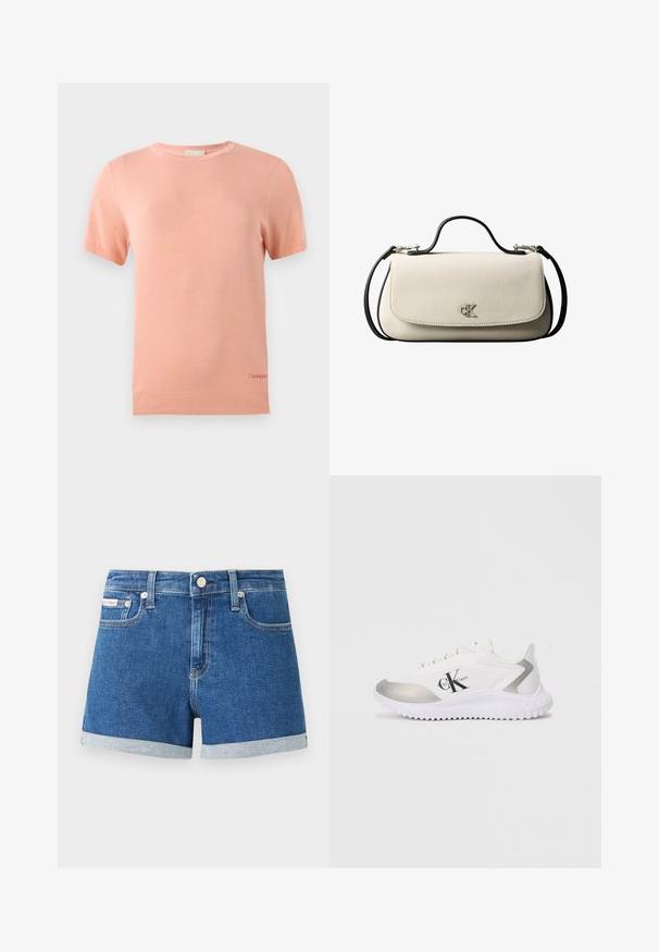Lichtroze gebreide T-shirt met korte mouwen, een ronde halslijn en ribgebreide zoom. Kenmerkt zich door een klein Calvin Klein-logo aan de onderrand.; Donkerblauwe denim shorts met omgeslagen zoom. Voorzien van een knoopsluiting en voorkanten zakken. Gladde textuur met subtiele stikdetails.; Witte sportschoenen met een zilveren accent, een gladde textuur en een rubberen zool. Beschikt over een opvallend zwart logo aan de zijkant en veters.; Crèmekleurige rechthoekige handtas met zwarte riem en handvat, voorflapsluiting en een klein zilverkleurig "cK"-logo in het midden van de voorkant.