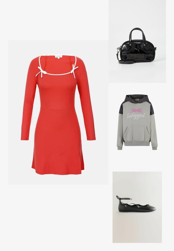 Grå hættebluse med en pink sløjfe-grafik og ordet "babygirl" i kursiv. Inkluderer en frontlomme og ribbet manchetter.; Rød langærmet kjole med tætsiddende overdel, firkantet halsudskæring og hvide slipsdetaljer ved skuldersømme. Glat tekstur, længde over knæet.; Sort flad ballerinasko i læder med ankelrem og krydslægte snørebånd, spids tå og glat sål, vist i siden på lys baggrund.; Sort lakeret håndtaske med dobbelte top-håndtag, aftagelig skulderrem, rund form og et fremtrædende præget "PUMA"-logo.