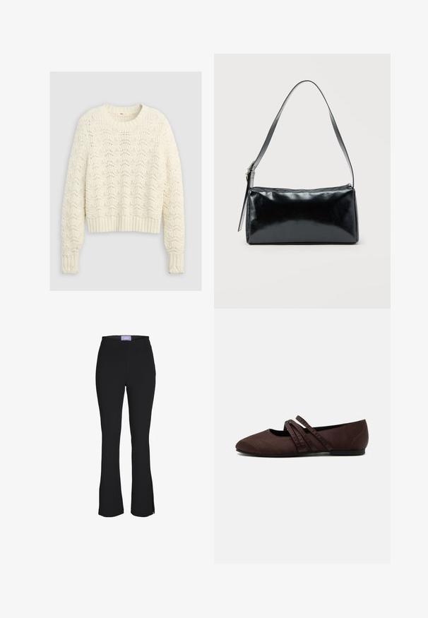 Flødefarvet strikket sweater med et struktureret, indviklet hulmønster samt ribbet kant ved ærmer og bund.; Sorte bukser med høj talje og vidde forneden med små sideslids ved bunden og et lilla mærke i taljen.; Brun flad sko med spids tå og to tynde krydsende remme over vristen, synlige syningsdetaljer og en lav hæl.; Sort rektangulær skuldertaske med en enkelt justerbar rem og lynlås i toppen på en ensfarvet baggrund.