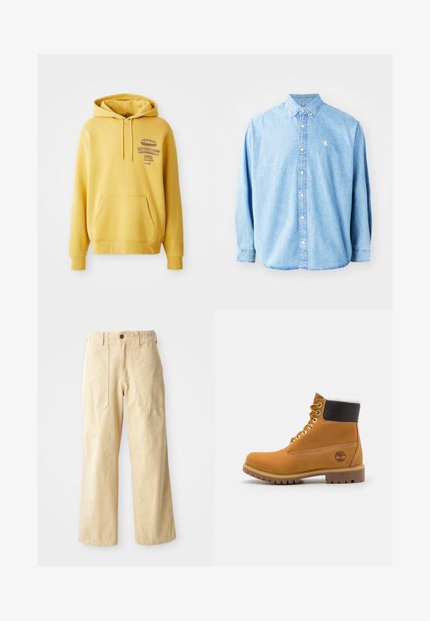 Gul bomulds hoodie med en kengurulomme. Har et grafisk print på brystet og en hætte med snor. Ribstrikkede manchetter og kant.; Lysel blå denim skjorte med knapper og lange ærmer, spids krave og et lille logo på venstre bryst. Har en afslappet pasform og klassisk design.; Beige brede benbukser lavet af bomuld. De har en høj talje, to forlommer med flad design og en enkelt knaplukning.; Brune læder ankelstøvle med metaløjer, hvid pelsforing, sort polstret krave, robust sål og præget logo på siden.