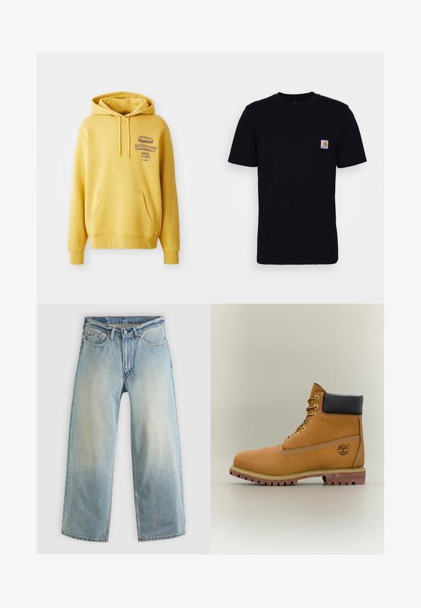 Haut à capuche en coton jaune avec une poche kangourou. Présente un graphique imprimé sur la poitrine et une capuche avec cordon de serrage. Poignets et ourlet côtelés.; T-shirt en coton noir à manches courtes, col rond et poche poitrine avec un petit patch logo carré. Design simple et uni.; Jean denim bleu clair à jambes larges avec une finition délavée. Comprend un design standard à cinq poches et une fermeture à bouton métallique.; Bottine en cuir marron avec col noir, lacets jaunes et semelle beige. Présente un logo et des détails de couture blanche. Semelle extérieure à traction robuste.