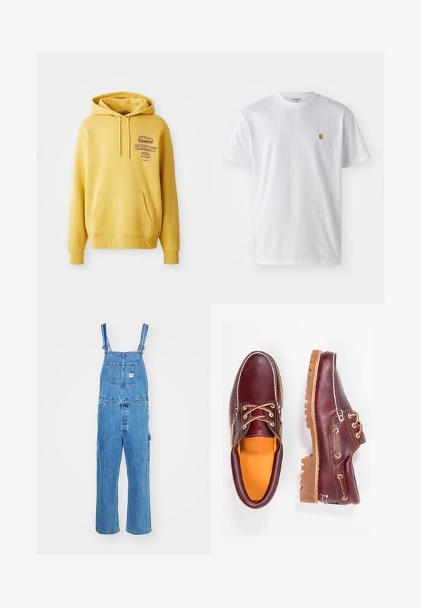 Gelbe Baumwoll-Hoodie mit Kängurutasche. Mit einem Grafikdruck auf der Brust und einer Kapuze mit Kordelzug. Gerippte Bündchen und Saum.; Weißes Baumwoll-T-Shirt mit kurzen Ärmeln, Rundhalsausschnitt, mit einem kleinen goldenen Logo im linken Brustbereich. Weicher Stoff und normale Passform.; Denim-Overalls mit verstellbaren Trägern, weitem Bein und einer Vordertasche mit Etikett. Hellblaue Farbe mit strukturierter Oberfläche.; Bordeauxfarbene Lederschuhe mit braunen Gummisohlen, runder Zehenform, weißen Nähten und goldenen Ösen. Das Innenfutter weist eine gelbe Beschichtung auf.