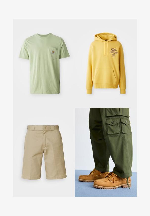 Gul bomulds hoodie med en kengurulomme. Har et grafisk print på brystet og en hætte med snor. Ribstrikkede manchetter og kant.; Lysegrøn kortærmet t-shirt lavet af blødt stof, med en brystlomme der har et firkantet logo-patch. Enkel, udekoreret design.; Khaki shorts med flad frontdesign, syet talje med bæltesløjfer og to sidelommer. Fremstillet af letvægtsstof.; Timberland AUTHENTIC 3 EYE - Sejlersko - wheat