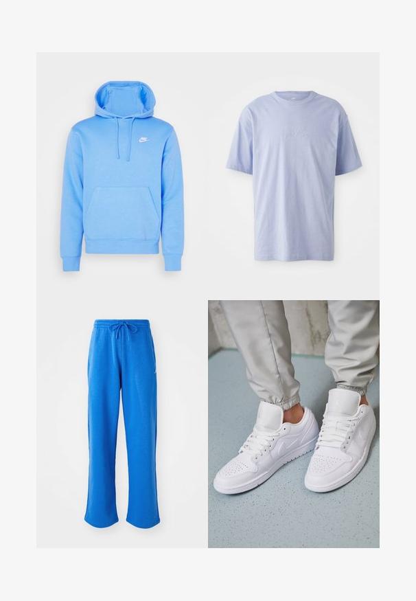 Lichtblauwe Nike hoodie van zacht materiaal met een voorzak, een capuchon met trekkoord en een wit logo op de borst. Klassiek pullover ontwerp.; Lichtblauwe katoenen T-shirt met een ronde hals en korte mouwen. Kenmerkt zich door een reliëf "nike" logo op het midden van de voorkant. Zachte textuur.; Jordan PANT - Trainingsbroek - sport blue/white; Witte leren sneakers met een geperforeerde neus, platte veters, een gepolsterde kraag en het Jordan-logo op de tong. Gediend met grijze joggers.