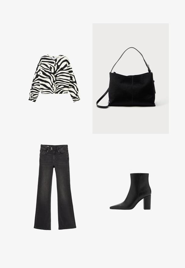 Langærmet sweater med sort og hvid zebra-print, rund hals og løs pasform.; Sorte højtaljede flare jeans med dobbelt knaplukning og frontlommer, der viser subtile falmede detaljer på lårene.; Sorte læder ankelstøvler med spidse tæer og blokhæl. Glat tekstur og minimalistisk design, med en mid-højde skaft.; Sort skuldertaske med en glat, tekstureret overflade, prydet med en enkelt rem og en lynlåslukning øverst. Kompakt rektangulær form.