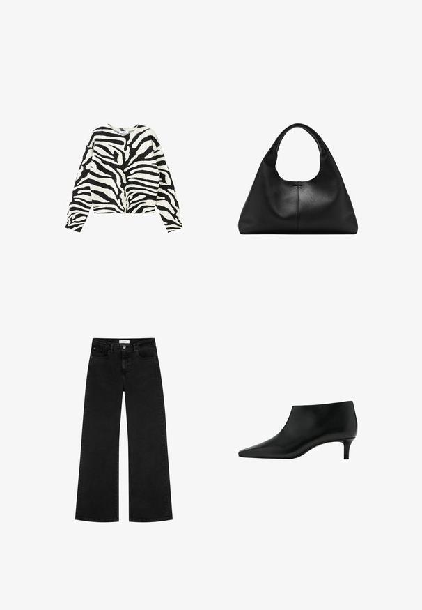 Langærmet sweater med sort og hvid zebra-print, rund hals og løs pasform.; Sorte høj talje vidde jeans med for- og møntlommer, knaplukning og bæltestropper.; Sort læderankelstøvle med spids tå og lavt kittenhæl, designet til elegant og formelt brug.; Sort textured læderhåndtaske med bred bund og tykke, afrundede håndtag, der har en central lodret søm og subtil syningsdetalje.