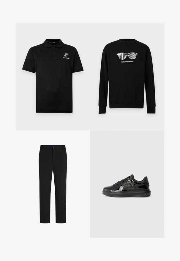 Sweat-shirt à col rond noir avec un motif de lunettes de soleil blanches à rayures et le texte « KARL LAGERFELD » centré sur la poitrine.; Polo noir à manches courtes avec trois boutons, logo palmier blanc et texte "KARL LAGERFELD" sur le côté gauche de la poitrine.; Pantalons noirs à jambes droites avec fermeture à bouton et à zip, passants de ceinture, et sans poches visibles.; Baskets en cuir verni noir avec un bout rond, des détails de logo et des semelles en caoutchouc noir. Caractérisées par des lacets élégants et une finition brillante.