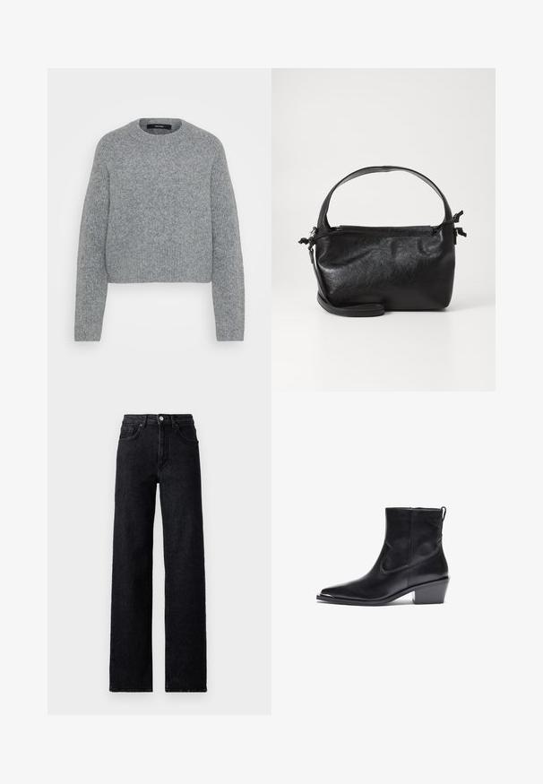Weicher grauer gestrickter Langarmpullover mit Rundhalsausschnitt und gerippten Bündchen, Saum und Halsausschnitt, vor einem schlichten Hintergrund präsentiert.; Hoch taillierte schwarze Denim-Jeans mit Knopf- und Reißverschluss, Vorder- und Gesäßtaschen sowie geradem Bein.; Schwarzer Leder-Ankle-Boot mit spitzer Zehe und niedrigem Blockabsatz. Mit einem Seitenreißverschluss und minimalen Nähdetails für ein elegantes Design.; Schwarze Lederhandtasche mit strukturiertem Design, rundem Haltegriff und abnehmbarem Schulterriemen. Sie weist eine glatte Oberfläche und einen subtilen Glanz auf.
