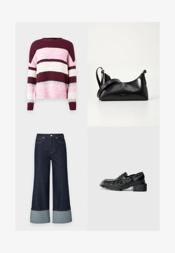 Lilla og rosa stribet sweater med en rund halsudskæring. Fremstillet af blødt, tekstureret stof. Har vandrette striber i forskellige farver.; Bredde jeans lavet af mørk denim, med en lysere denimmanchet. Designet omfatter forlommer og kontrastsyningsdetaljer.; Sorte læderloafers med en struktureret sål, der har en let forhøjet blokhæl og en tekstureret overdel, sikret med en frontrem.; Sort læderhåndtaske med en glat tekstur. Har en justerbar stropp og et enkelt, minimalistisk design med lynlås.