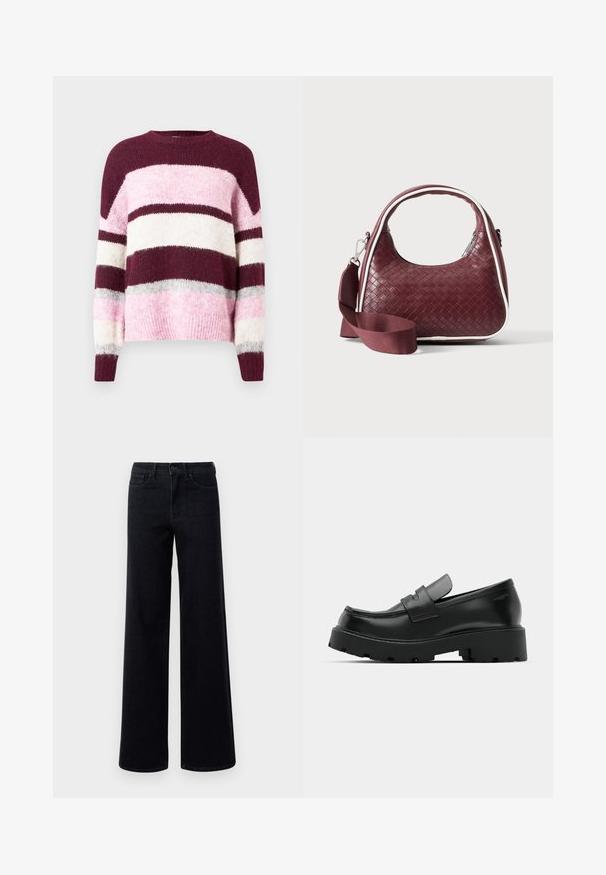 Lilla og rosa stribet sweater med en rund halsudskæring. Fremstillet af blødt, tekstureret stof. Har vandrette striber i forskellige farver.; Bredde ben sorte denim jeans med høj talje, der har standardlommer og knaplukning. Glat tekstur med en let stræk.; Sorte læder loafers med en chunky tekstureret sål, der har en rem over vamps og en glat, poleret finish.; Mørkerød vævet lædertaske med buet hank, hvid kant, sølv lynlås og aftagelig bred stofskulderrem mod en ensfarvet baggrund.