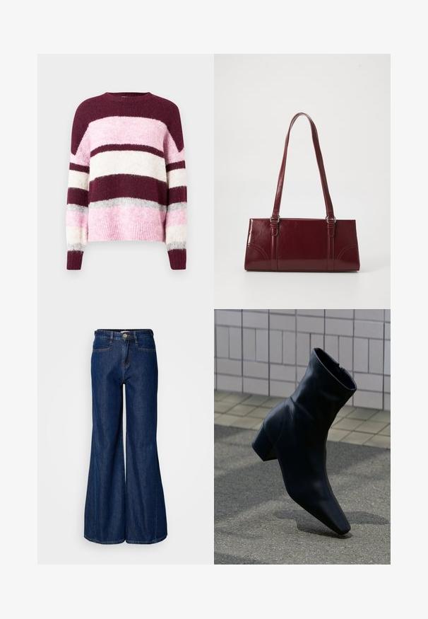 Pull rayé violet et rose avec un col arrondi. Fabriqué en tissu doux et texturé. Présente des rayures horizontales de différentes couleurs.; Jean en denim foncé à jambe large avec une taille haute, cinq poches et fermeture à bouton en métal. Texture lisse et détails de couture subtils.; Botte noire en cuir avec talon bloc, posée sur une surface en asphalte texturée près d'un mur carrelé.; Sac à main bordeaux en matériau brillant, de forme rectangulaire, avec deux anses et des accents légèrement courbés à l'avant.