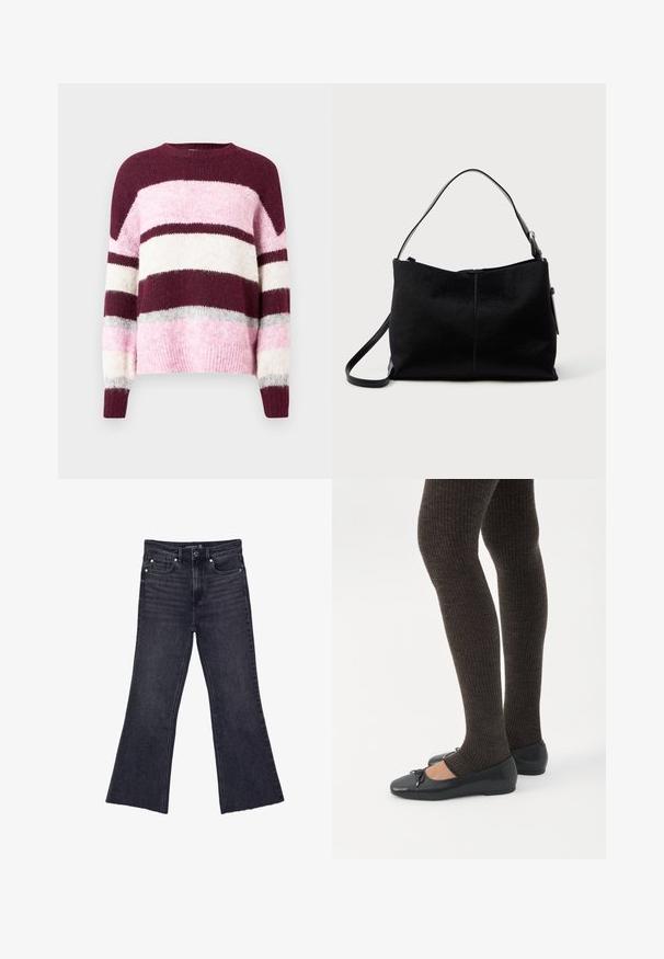 Lilla og rosa stribet sweater med en rund halsudskæring. Fremstillet af blødt, tekstureret stof. Har vandrette striber i forskellige farver.; Sorte højtaljede jeans med flagrende ben, fem-lomme design og knaplukning, størrelse 38, lagt fladt på en hvid baggrund.; Ben iført mørke ribbede leggings kombineret med sorte balletsko med små sløjfedetaljer på hvid baggrund.; Sort skuldertaske med en glat, tekstureret overflade, prydet med en enkelt rem og en lynlåslukning øverst. Kompakt rektangulær form.